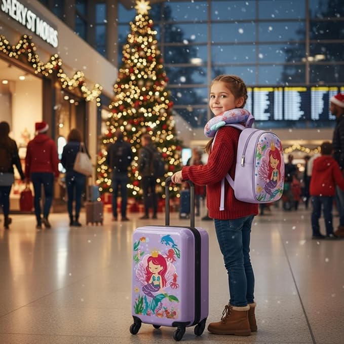Sanwuta 4 Pcs Kids Luggage Set Rolling Suitcase Backpack U-shaped Pillow Kids Carry On Gift for Summer Travel Family Trip(20 Inch,Mermaid Style,Purple)