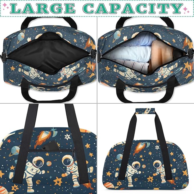 Rocket Astronaut Gym Travel Duffle Bag for Women & Men with Front Zipper Pocket for Sports, Overnight, Weekender, Carry On,Workout & Dance Bag,Cute Space,18.9 * 8.7 * 10.6 in