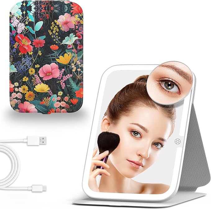 Mocado Travel Makeup Mirro with Lights, 360° Rotation Lighted Makeup Mirror, Portable Mirror with 10x Magnification, 3 Color Lightings, Dimmable Touch Screen, Tabletop Light up(Flower)