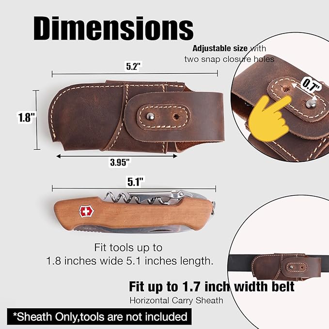 Topstache Leather Pocket Knife Sheath - Belt Loop EDC Belt Organizer - Horizontal Carry Knife Holder- Multitool Sheath with Two Snap Closure for Folding Knife, Darkbrown
