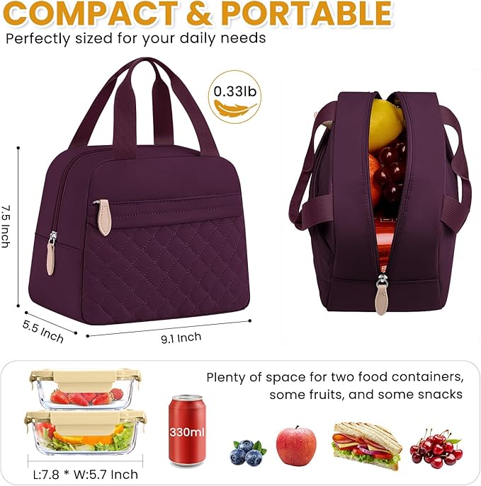 Insulated Lunch Bag for Women, Portable Lightweight Lunch Box for Adults, Reusable Small Lunch Tote Cooler Bags with Front Zipper Pocket for Work School Picnic(Wine Red)