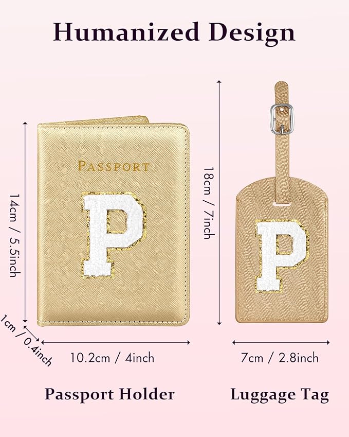 Slohif Passport Holder Initial Lugguage Tag Set Suitcase Cover Wallet Case for Travel Women - Leather Letter Passport Book Personalized Organizer Card Protector Sleeve Essentials Slim Carrier Gold P