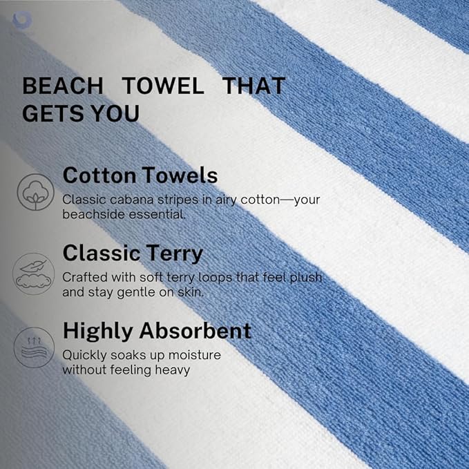 Cotton Turkish Beach Towel with Towels Oversized 30"x60" Pool Absorbent Extra Large Quick Dry Sand Travel Towel (Cabana Fountain Blue, 4 Pack)