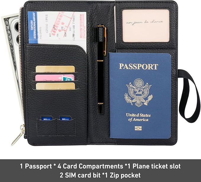 TIGARI Leather Passport Holder, RFID Blocking Wallet for Women, Zipper Pocket Card Slots, Travel Document Organizer (Black)