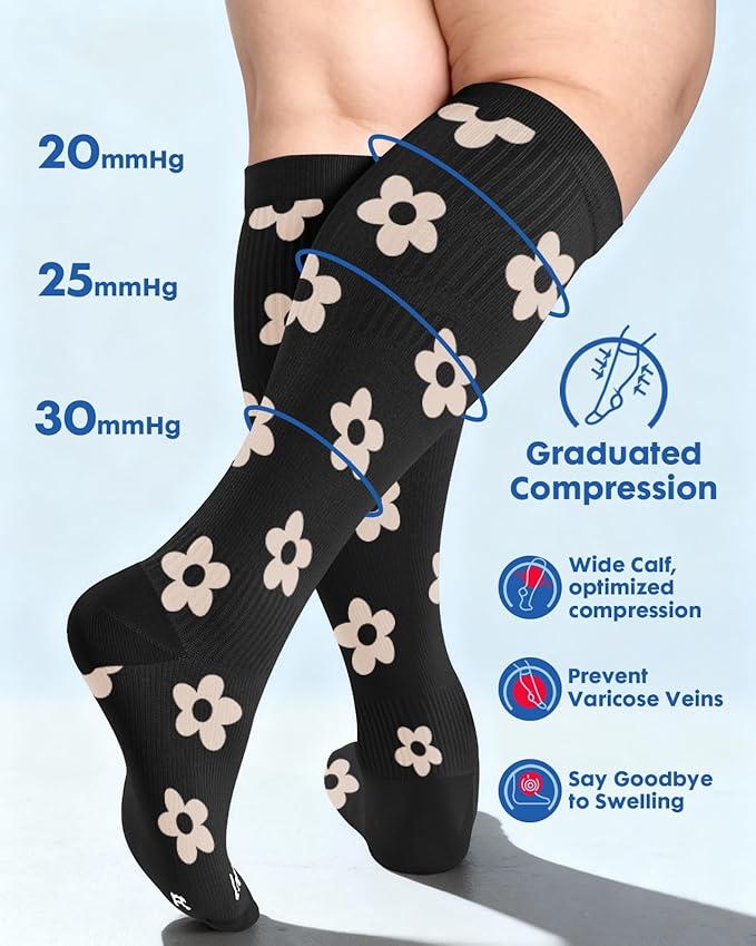 Wide Calf Compression Socks for Women - 3-Pair Plus Size 20-30mmHg Ankle Support Easy on off Socks for Travel Nurse