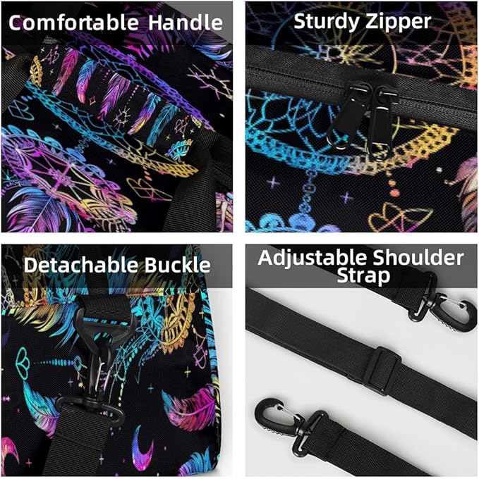 Travel Duffle Bag, Rainbow Dreamcatcher Feather Waterproof Weekender Overnight Bags for Women Men Lightweight Carry on Duffle Gym Bag for Travel, Sports, Fitness, Workout