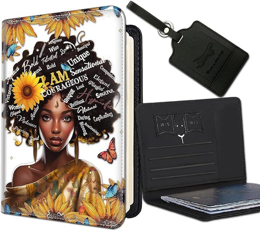Passport Holder Women Wallet with Luggage Tag, Leather Passport Cover with RFID Blocking, Travel Accessories Multi Card Slot Passport Case for Men，African American Women Sunflower Butterfly
