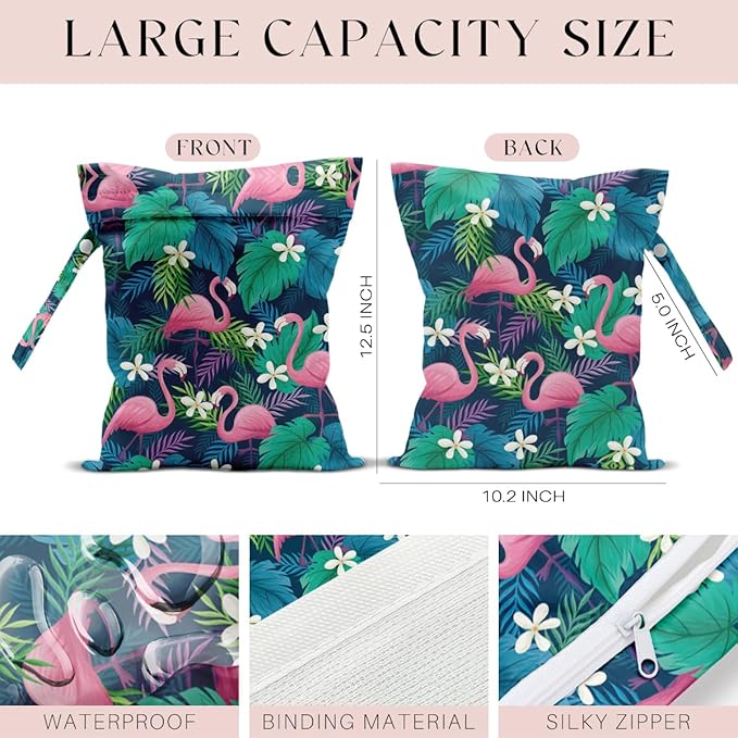 Wet Bag Wet Dry Bag For Swimsuit Travel Beach Pool Diapers Dirty Yoga Gym Clothes Toiletries Makeup Bag Flamingo Palm Leaf