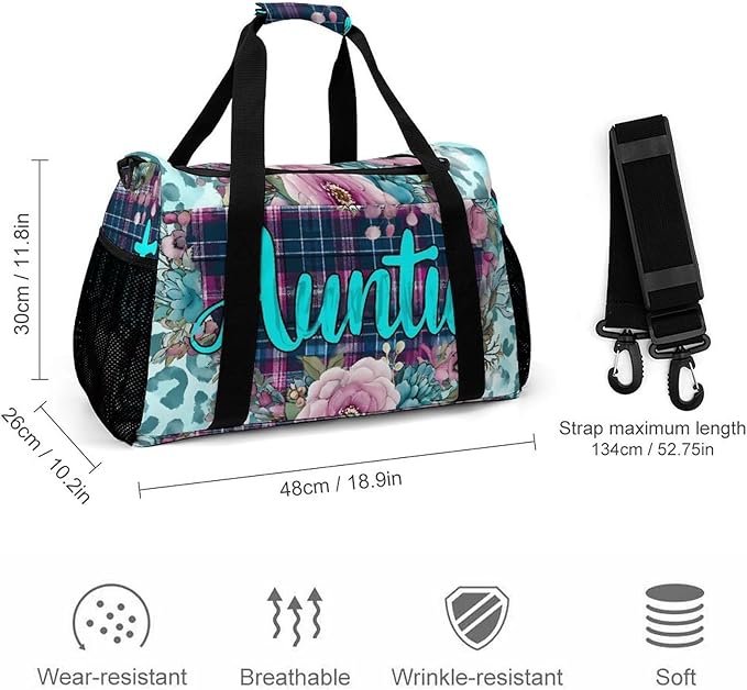 Western Auntie Heart Duffle Bag Gym Bag for Workout Travel Tote with Detachable Straps