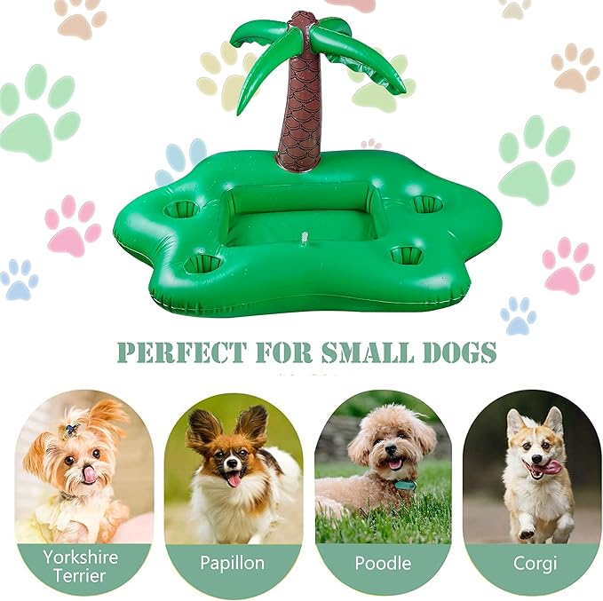 Dog Pool Floats Set, Dog Float Raft with Collapsible Dog Bowl, Non-Toxic Floating Dog Water Toys for Small Dog, Puppy and Doggies, Coconut Tree