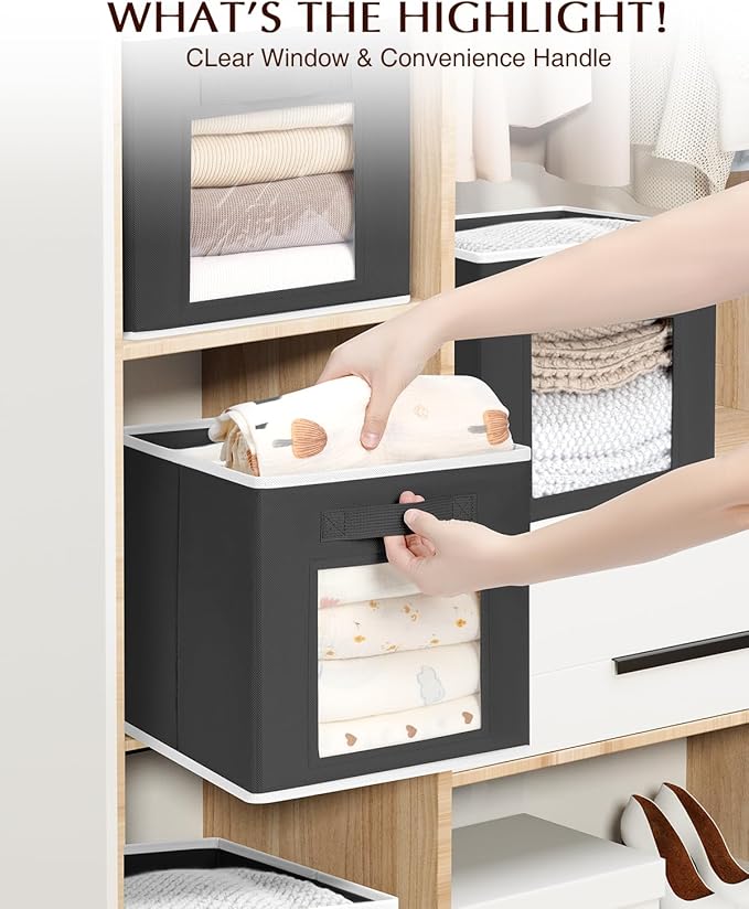 Cube Storage Bins - Fabric Shelves for Closet Organization, Foldable Storage Bins for Clothes, Decorative Storage Baskets with Window for Home, Set of 6, Black