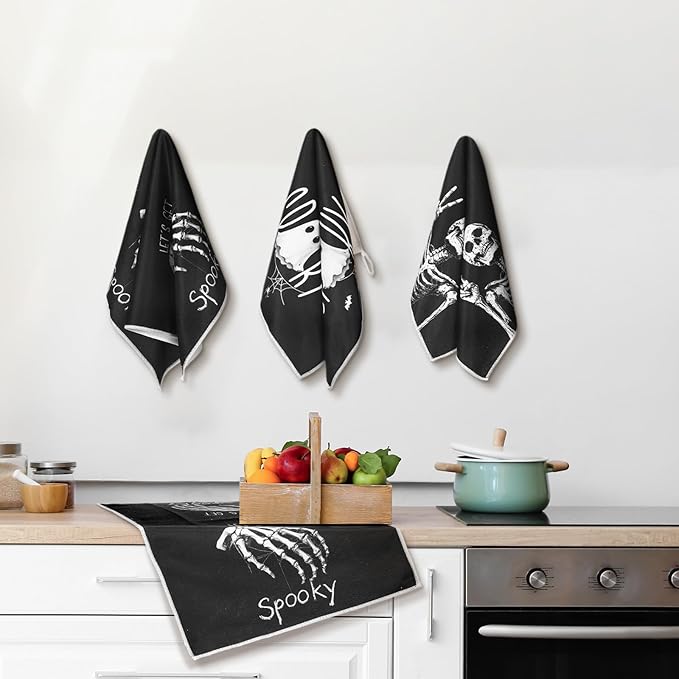 Bencailor 6 Pcs Skull Kitchen Towels Ghost Christmas Dish Hand Towels Skeleton Ghost Boo Tea Washcloth for Bathroom Kitchen Decor Party Gifts 24 x 16''