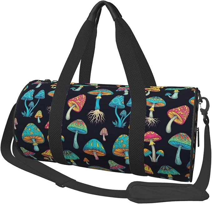 Gym Bags for Men Women, Foldable Travel Duffle Bag Colorful Neon Mushrooms, Lightweight Weekender Water Resistant Workout Sports Bag for Travel Yoga