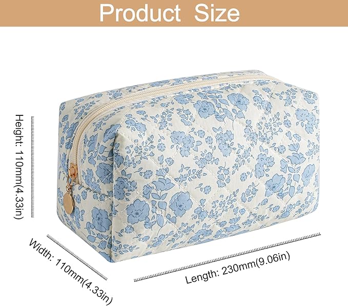 Makeup Bag Travel Cosmetic Bag for Women Girls, Zipper Make Up Pouch, Floral Flowers Toiletry Organizer Makeup, Portable Storage Bag, Cosmetic Travel Cloth Bag (Blue Floral+Navy Blue Flower)