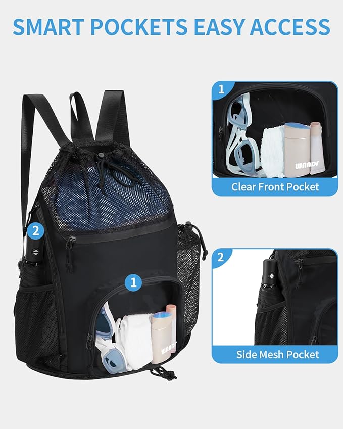 WANDF Swim Bag with Wet Pockets, Sandproof Beach Backpack with 40oz Tumbler Side Pockets, Mesh Drawstring Backpack Swim Bag for Swimming, Pool, Gym and Workout Gear (Black)