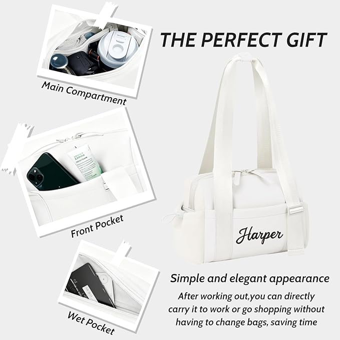 Personalized Mini Gym Bag for Women, Custom Embroidered Name Yoga Tote, Waterproof PU Fitness Duffle with Wet Compartment (white duffle bag)