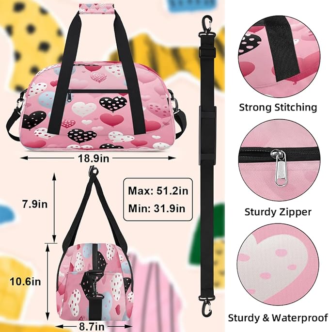 Pink Heart Balloon Print Sports Duffel Bags, Water-Resistant Gym Duffle Bag for Men Women, Lightweight Weekender Overnight Bag for Fitness, Workout, Travel
