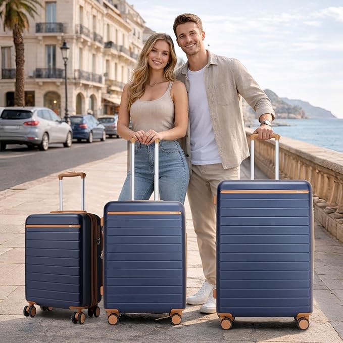 Kono 24 Inch Check In Suitcase Expandable Luggage, Business Travel Suitcase for 5-7 Days, Durable ABS+PC Hardshell with Side Handles & Kick Plates, Double Spinner Silent Wheels, Navy/Brown