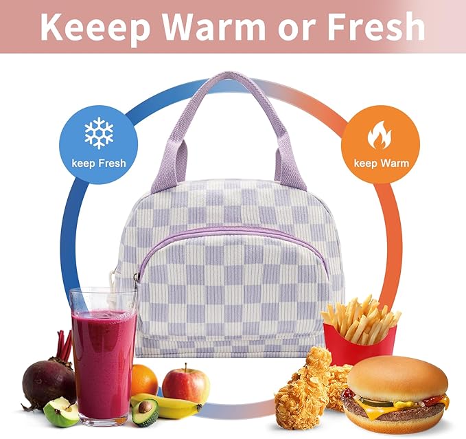 Lunch Bag Women Lunch Box for Women Adult Cute Insulated Lunch Bag Small Cooler Lunch Tote Bags for Work Picnic School (Beige-Purple Plaid)