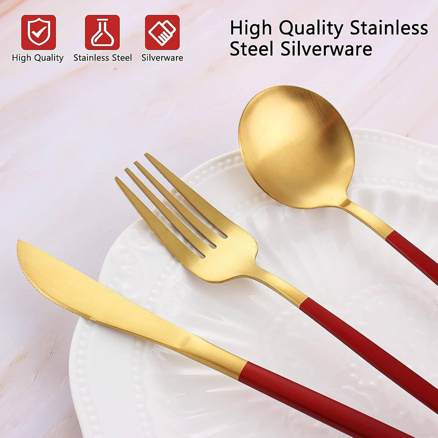 Matte Red Gold Silverware Set, 20-Piece Stainless Steel Flatware Set, Satin Finish tableware Cutlery Set, Service for 4, Home and Restaurant, Dishwasher Safe