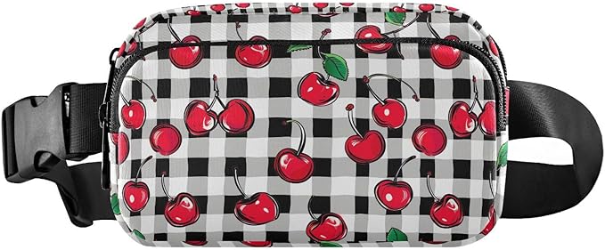 Cherry Fruit Black White Checkered Plaid Fanny Pack for Women Men Water Resistant Fashion Waist Packs with Adjustable Strap Belt Bag for Travel Workout Jogging Hiking 21219423