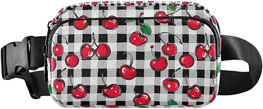Cherry Fruit Black White Checkered Plaid Fanny Pack for Women Men Water Resistant Fashion Waist Packs with Adjustable Strap Belt Bag for Travel Workout Jogging Hiking 21219423