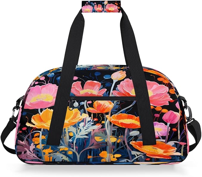 Gym Bag for Women Men, Pink Orange Poppies Black Travel Duffle Bags for Dance Ballet Overnight, Carry-On Weekender Bag with Detachable Shoulder Strap