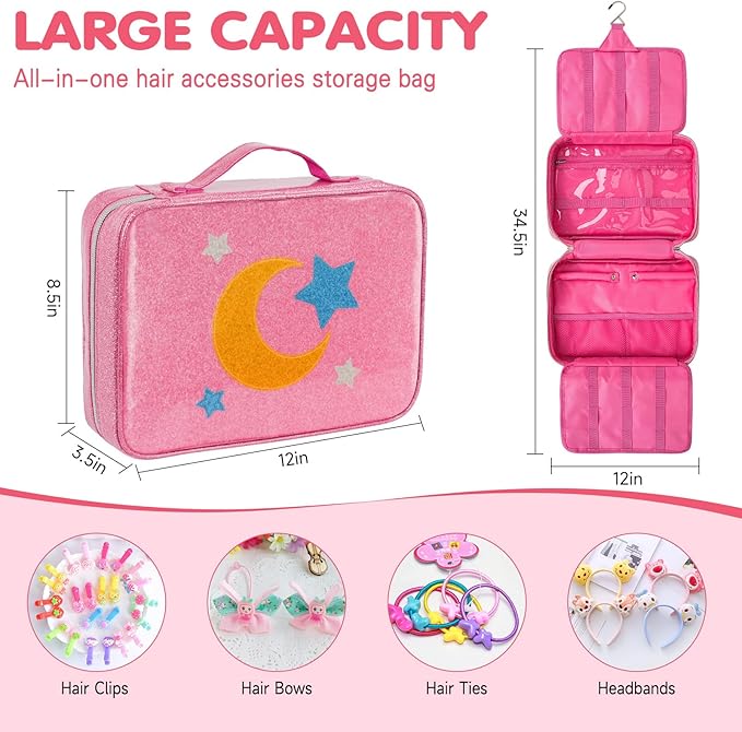 Hair Accessories Organizer, Dust-proof Bow Holder for Baby Girls, Travel Hair Storage Bag for Hair Clips, Headbands, Scrunchies and Hair Ties(Pink)