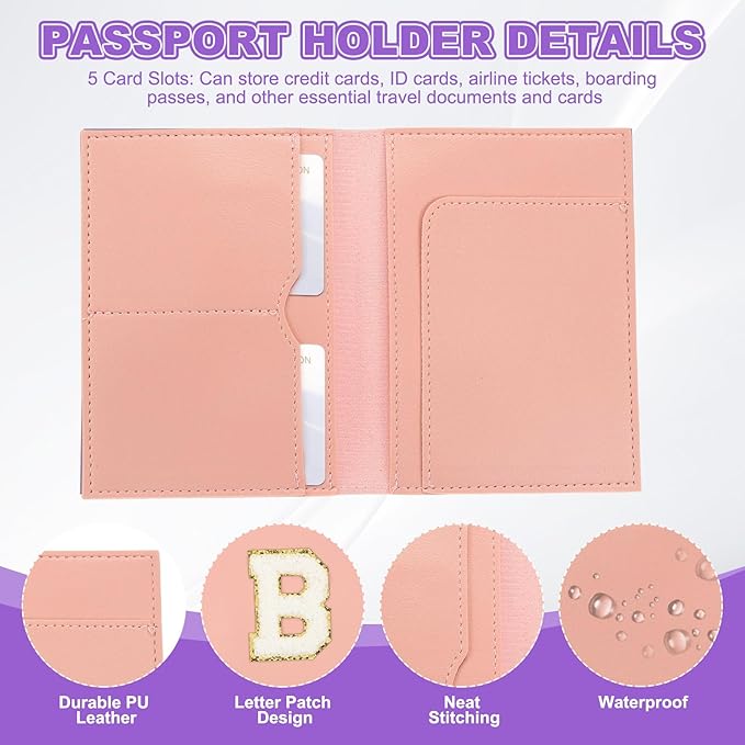PATIKIL Passport Holder for Travel, Initial Passport Cover and Luggage Tag Set with Alphabet Chenille Letter Patch Travel Wallet Bag Suitcase Identifier for Women Family Travel Pink B