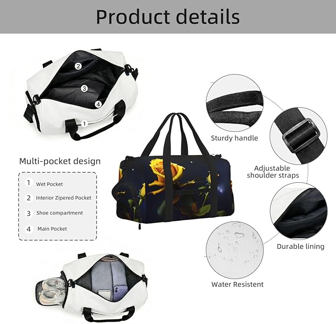 Yellow Roses Starry Night Print Gym Bag with Shoe Compartment for Women Men, 17.7in Sports Duffle Weekender Tote, Overnight Travel Duffel Bag Carry On