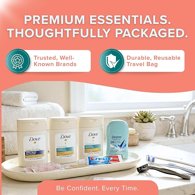 Trektote 12-Piece Women’s Travel Hygiene Kit with Toiletries & Grooming Essentials, TSA-Compliant, Clear Cosmetic Bag, Available in Bulk