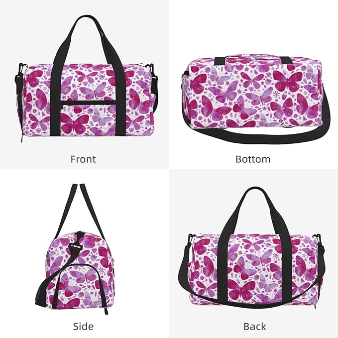 Butterfly Watercolor Magenta Pink Women'S Gym Duffle Bag With Shoes Compartment, Ideal For Travel, Gym, Sports, Duffel, Weekender