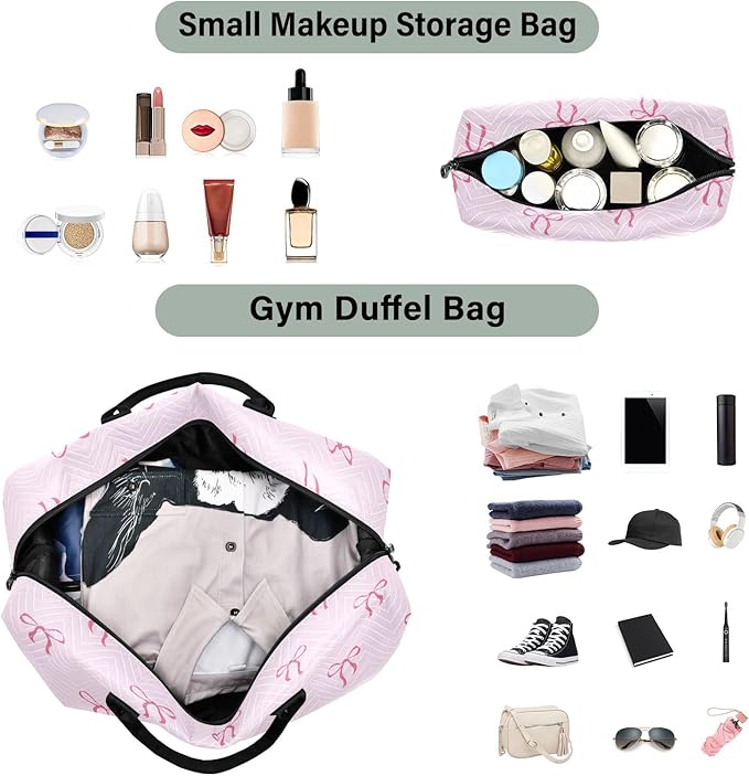 Travel Duffle Bag, Good Night Cute Bows Gym Bag with Storage Bag Weekender Overnight Bag for Men Women Trip Sports Yoga