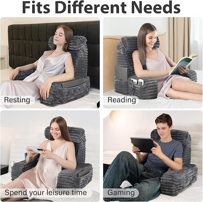 ENITYA 19” Back Pillow for Bed Sitting up, Built-in Armrests & Big Pockets, Back Support Chair Pillow for Sitting up/Watching TV/Reading/Gaming/Resting/Post Surgery/Nursing
