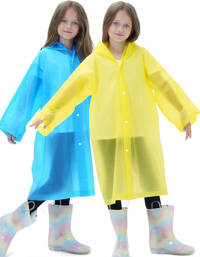 2 Pack Raincoats for Kids, Reusable Rain Ponchos with Hood and Sleeves Rain Coats for Boys and Girls