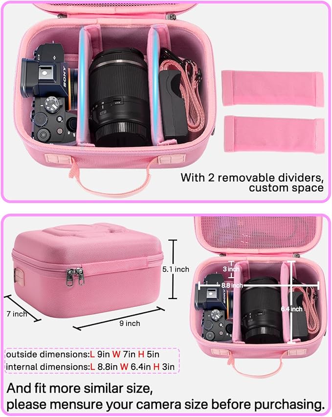 RAIACE Hard Case Compatible with Sony Alpha 7 II III IV/7R V Camera, for Nikon, for Canon, for Pentax and More. Mesh Pocket for Charger, Cables, Cards and Accessories. (case only) - Pink
