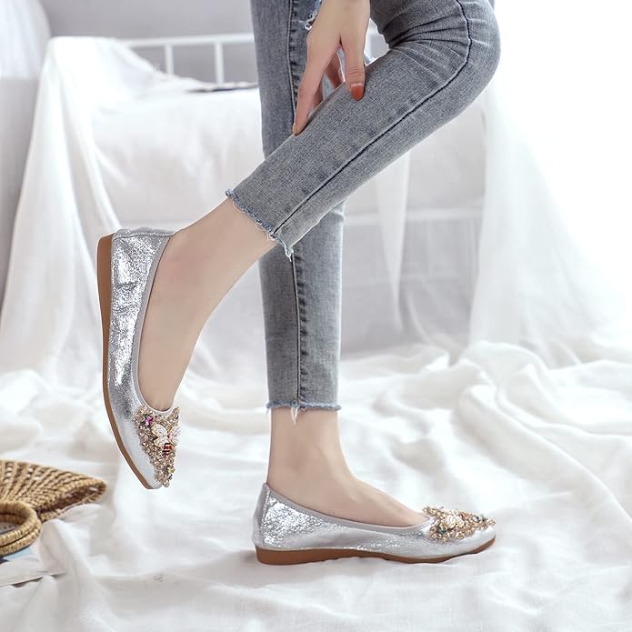 KUNWFNIX Women Ballet Flats Rhinestone Wedding Ballerina Shoes Foldable Sparkly Comfort Slip on Flat Shoes