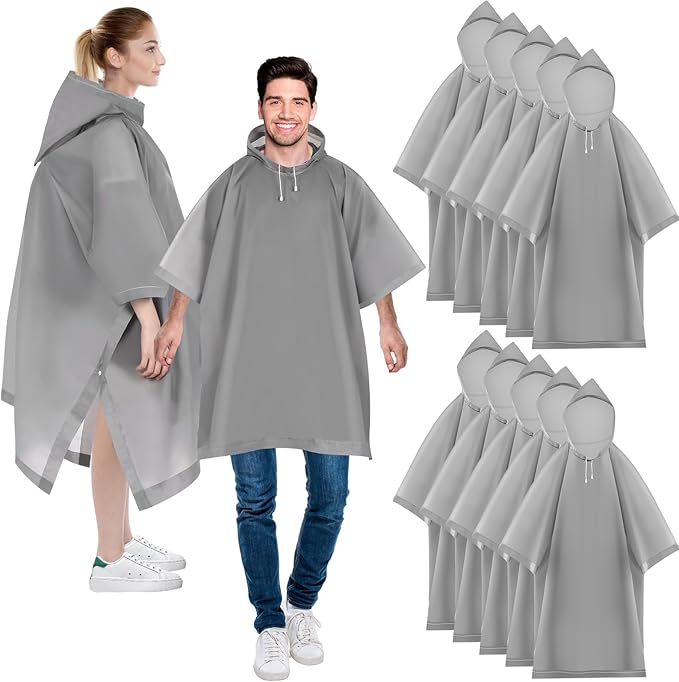 Zhehao 10 Pcs 10 Pcs Rain Ponchos for Adults with Drawstring Hood Reusable Raincoats Waterproof Thickened Rain Jacket for Men Women (Gray)