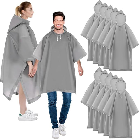 Zhehao 10 Pcs 10 Pcs Rain Ponchos for Adults with Drawstring Hood Reusable Raincoats Waterproof Thickened Rain Jacket for Men Women (Gray)