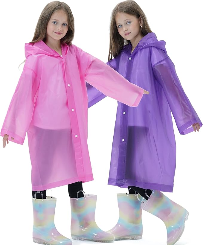2 Pack Reusable Waterproof Raincoat EVA Emergency Rain Ponchos One Size Rain Jacket for Children, Boys and Girls