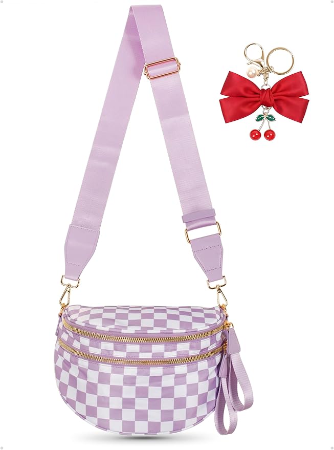 Checkered Crossbody Bag for Women, Spacious Sling & Stylish Bum Bag for Travel, Concerts, Festival, Nylon Fanny Pack Belt Bag (Colour Bum Bag-Purple Checkered)