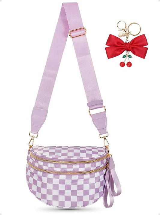 Checkered Crossbody Bag for Women, Spacious Sling & Stylish Bum Bag for Travel, Concerts, Festival, Nylon Fanny Pack Belt Bag (Colour Bum Bag-Purple Checkered)