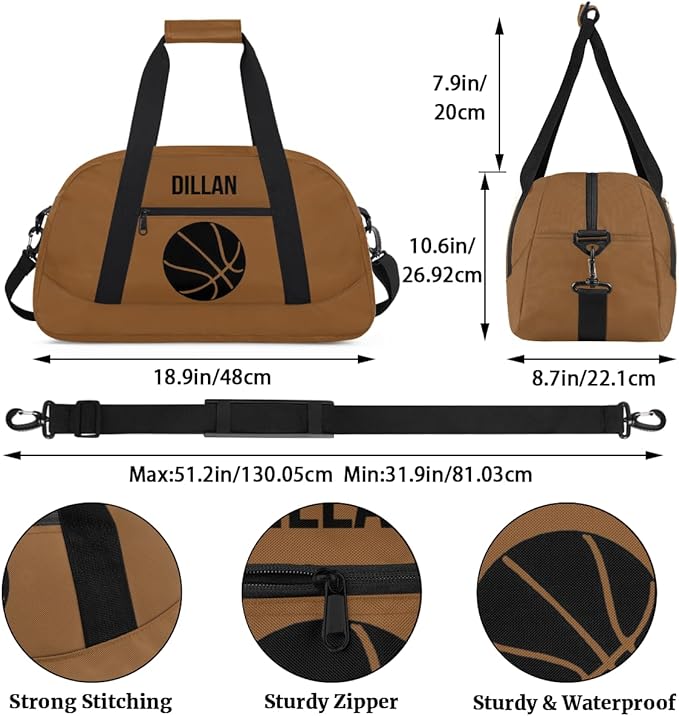 Personalized Small Gym Sport Duffel Bag Custom Name Travel Weekender Tote Carry-On Dance Bag, Customized Kids Gifts,Brown