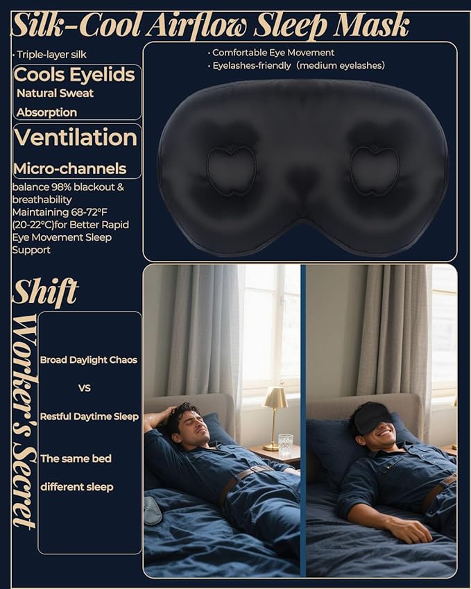 3D Silk Sleep Mask, Eye Pillow for Insomnia Relief (Black)