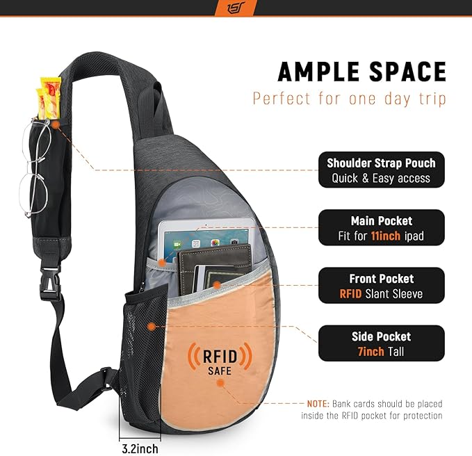 SKYSPER Sling Bag RFID Crossbody Sling Backpack Cross Body Shoulder Travel Bag Hiking Daypack for Women Men(Black)