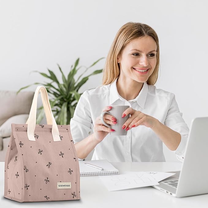 TELLUMO Corduroy Lunch Bag for Women Men Cute Lunch Bag Insulated Lunch Box with Large Capacity (7.5L) Reusable Lunchbag for Work, Picnic, Beach or Travel (S- Corduroy Pinkbow)