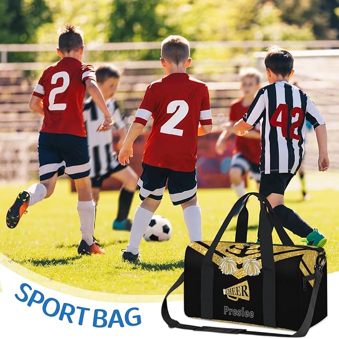Personalized Cheerleader Bag with Name, Custom Small Sport Duffel Weekender Bags Travel for Gym Dance Trip Outdoor Activities, Yellow Glittering Black Cheerleading Team