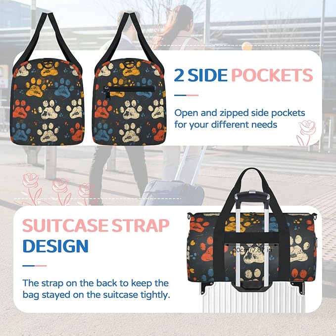 Dog Paw Prints Overnight Travel Bag Unisex Carry-On Size Tote Bag Suitable for Travel Duffle Gym Sports