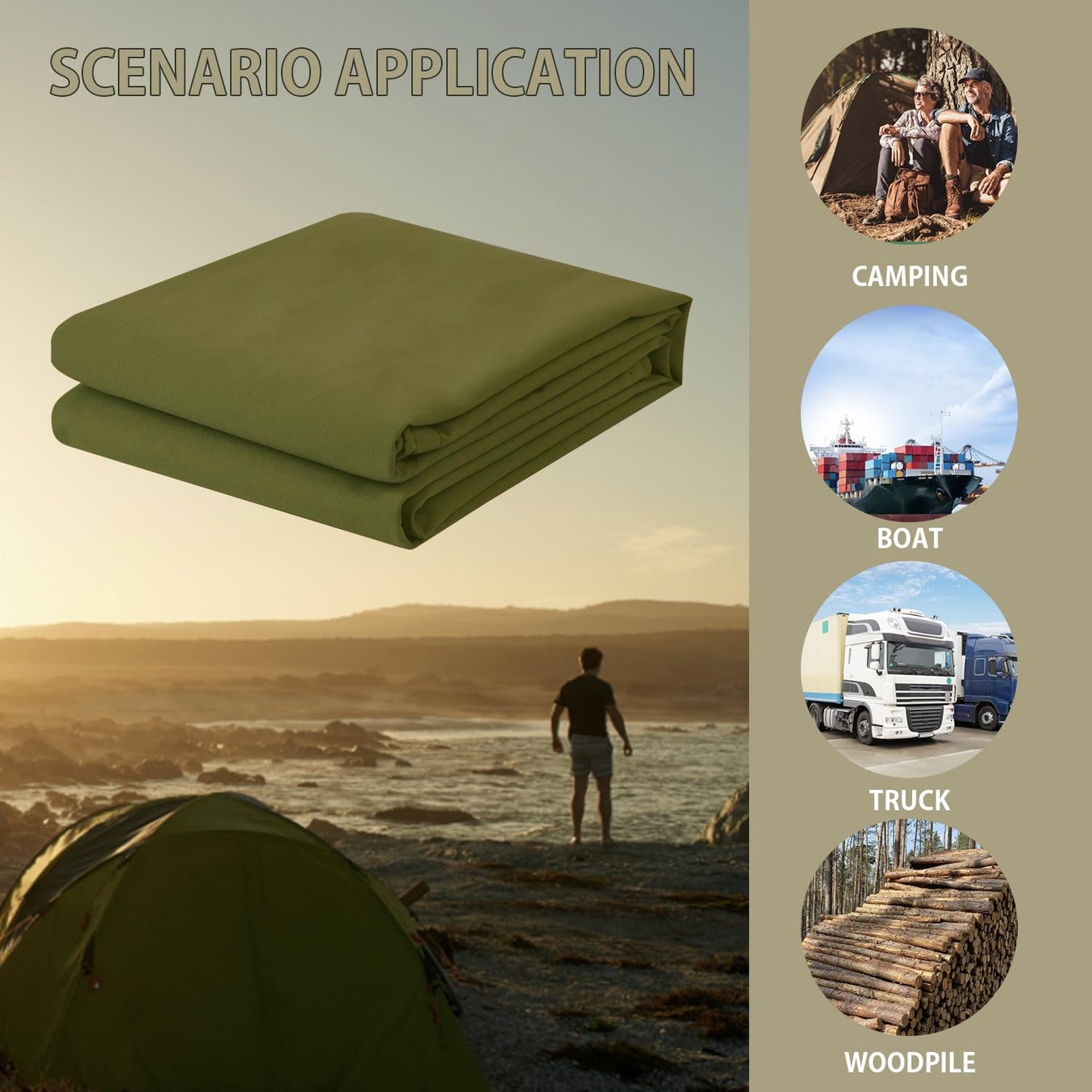 FoundGo Canvas Tarp 10x16ft Heavy Duty Waterresistant Tarps with Grommets, UV Resistant, 22 Mil Tarpaulin,14 oz Durable Cloth Covers for Car, Roof, Boat, Camp, Canopy, Woodpile with Ropes-Moss