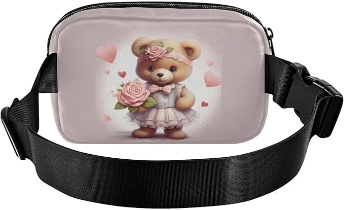 Valentine Teddy Bear Flowers Bow Fanny Pack for Women Men Water Resistant Fashion Waist Packs with Adjustable Strap Belt Bag for Travel Workout Jogging Hiking 21218083